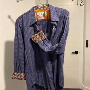 Robert Graham Navy Plaid Shirt with Floral Accents